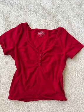 Hollister Women's Bright Red Short Sleeve Henley Tee